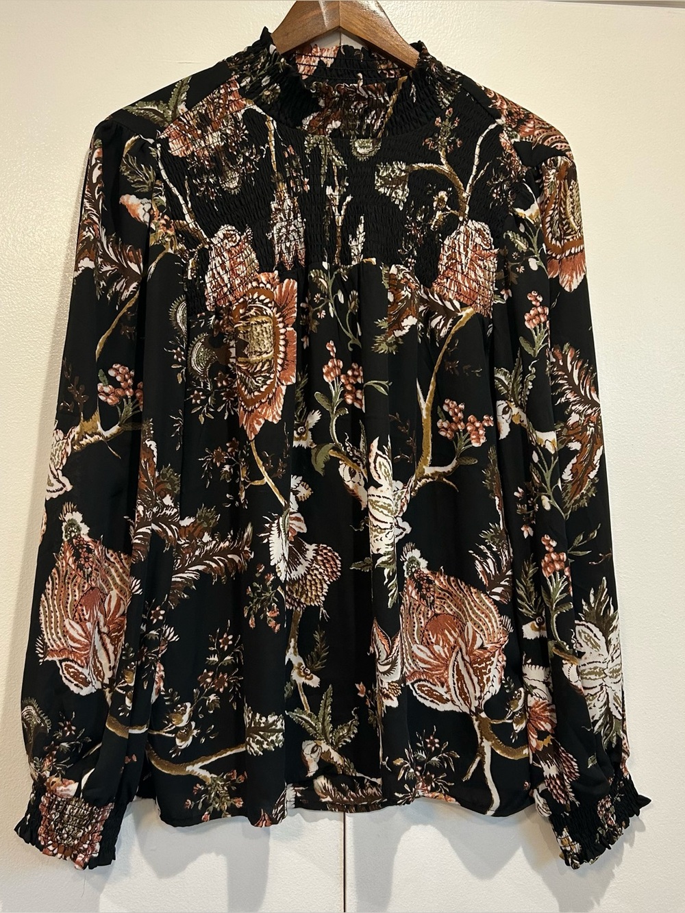 Smocked High-Neck Floral Blouse - Black with Copper & Cream Print